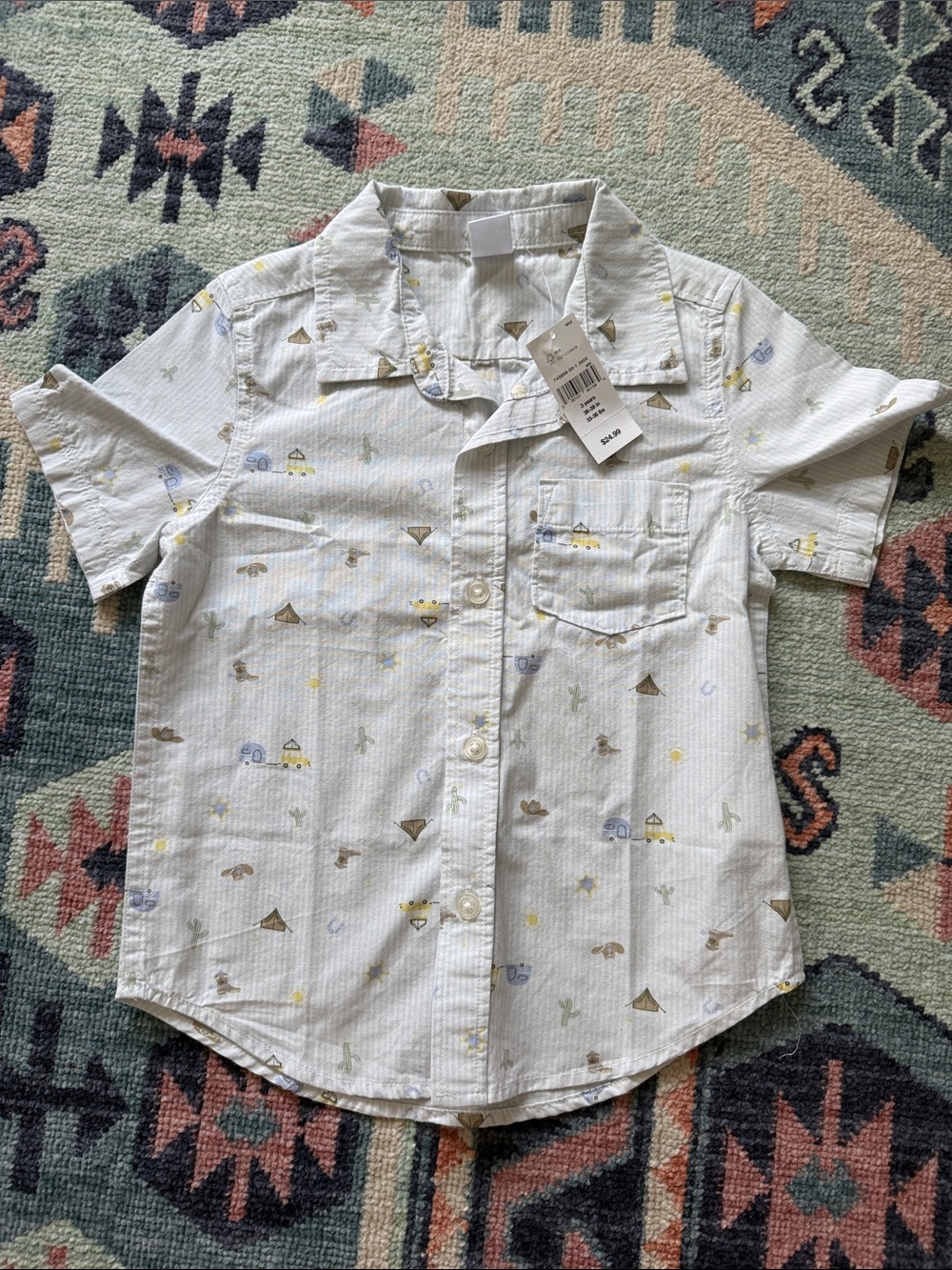 GAP White Short Sleeve Button-Down Shirt with Subtle Multi-Color Prints